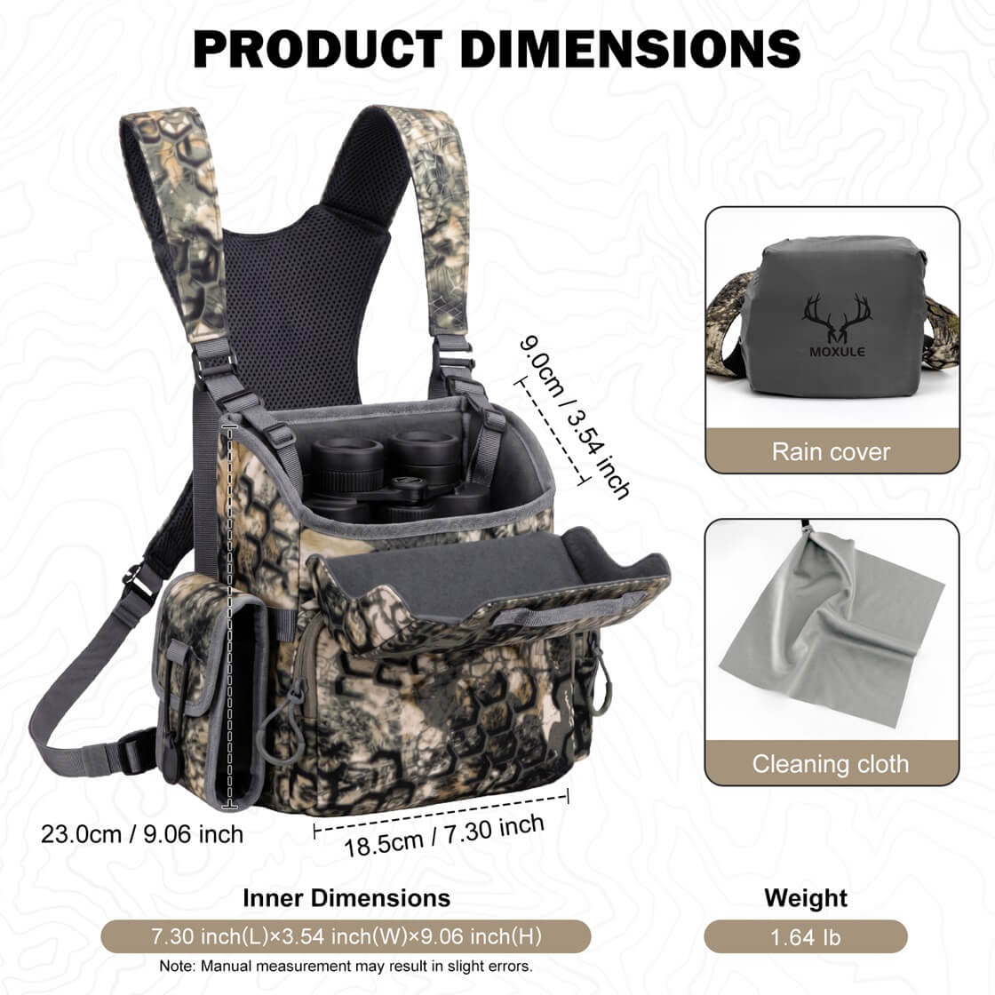 MOXULE Binocular Harness Dimensions, Camo Bino Chest Pack with Rain Cover