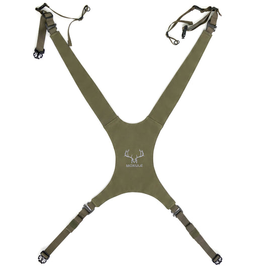 Moxule binocular harness chest strap,  green Y-shaped bino harness suspension system with adjustable webbing straps and buckles for hunting binoculars