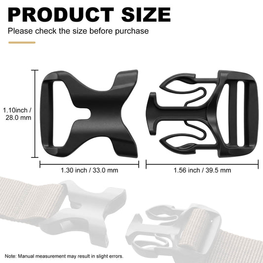 Product size diagram for Moxule Duraflex replacement buckles, dimensions for bino harness and hunting backpack spare clips
