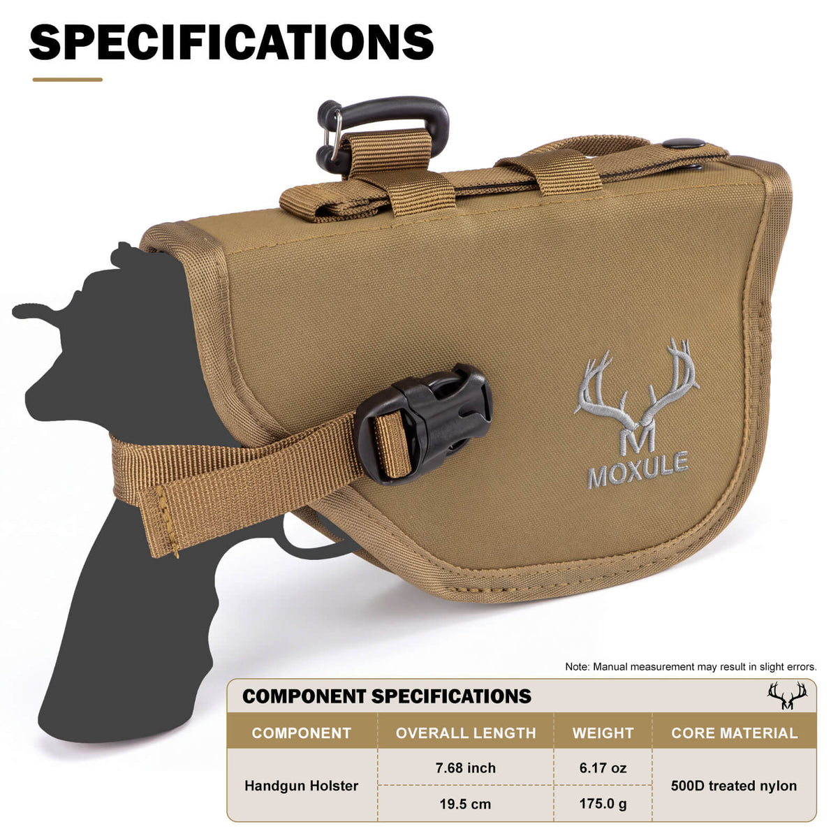 Moxule coyote brown handgun holster product spec graphic, 500D treated nylon hunting pistol holster with dimensions