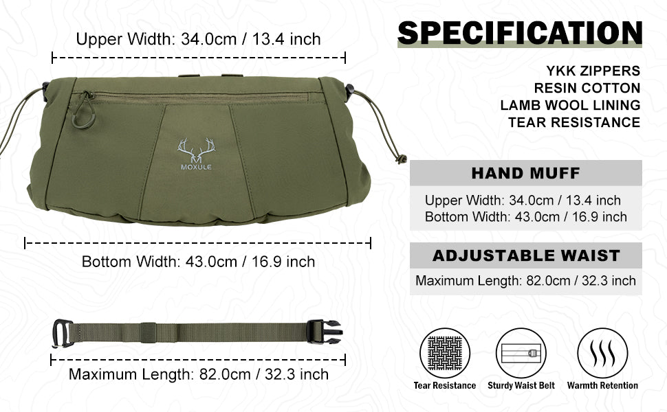 Moxule hunting hand muff waist pack, warm insulated hand warmer bag with YKK zippers for outdoor hunting