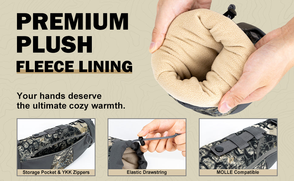Moxule camo hunting hand muff with plush fleece lining, YKK zippers, MOLLE compatible for cold weather