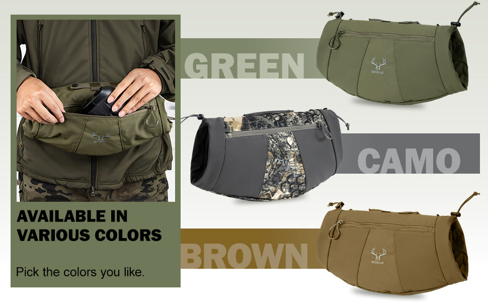 Moxule hunting hand muff, insulated hand warmer bag available in green, camo, brown for outdoor hunting.