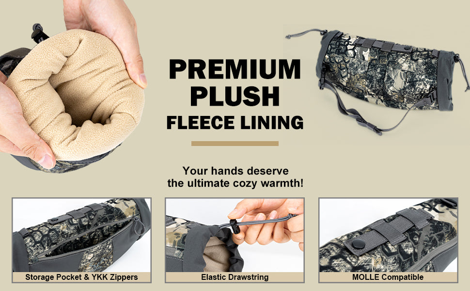 Moxule camo hunting hand muff with plush fleece lining, YKK zippers, MOLLE compatible for cold weather.