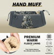 Moxule camo hunting hand muff infographic, premium warm fleece lining, tear‑resistant water‑repellent camouflage hand warmer for cold weather elk deer hunting