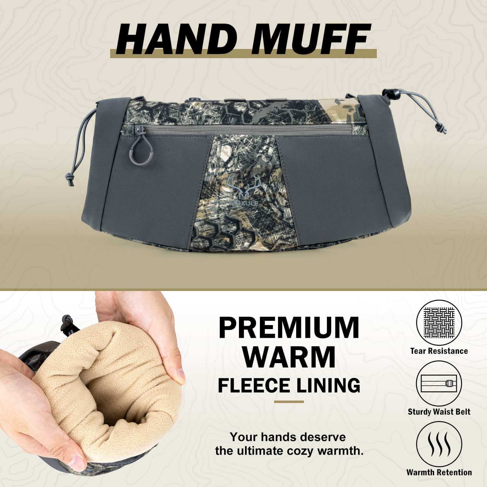 Moxule camo hunting hand muff infographic, premium warm fleece lining, tear‑resistant water‑repellent camouflage hand warmer for cold weather elk deer hunting