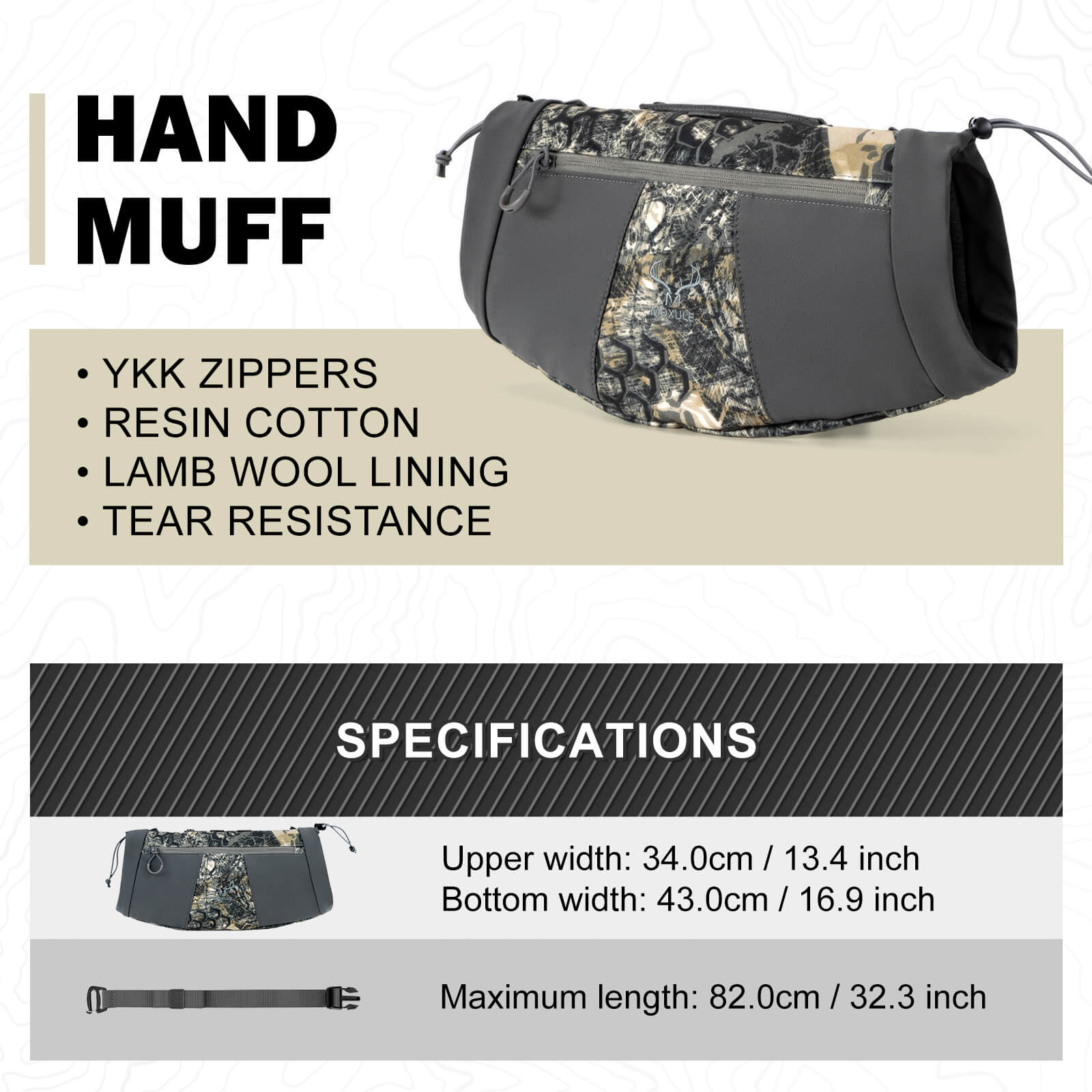 Moxule camo hunting hand muff size chart, fleece lined cold‑weather hand warmer