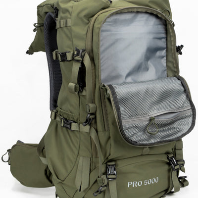 The MOXULE PRO 5000 Green Hunting Backpack features a large capacity, a mesh front pocket, and multiple compartments.