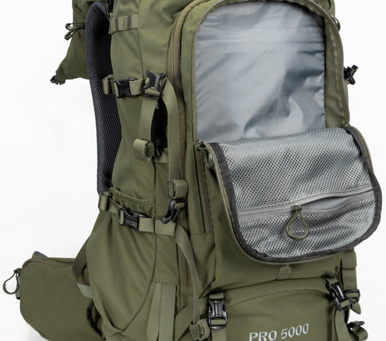 The MOXULE PRO 5000 Green Hunting Backpack features a large capacity, a mesh front pocket, and multiple compartments.