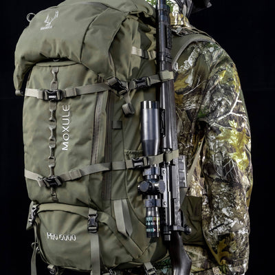 MOXULE PRO 5000 Green Hunting Backpack. Supports external rifle attachments, waterproof nylon fabric, and reinforced buckles.