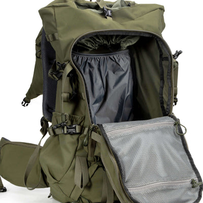 MOXULE Green Professional Hunting Backpack, featuring a large-capacity main compartment with mesh dividers.