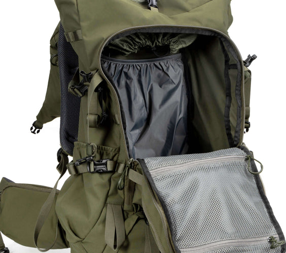 MOXULE Green Professional Hunting Backpack, featuring a large-capacity main compartment with mesh dividers.