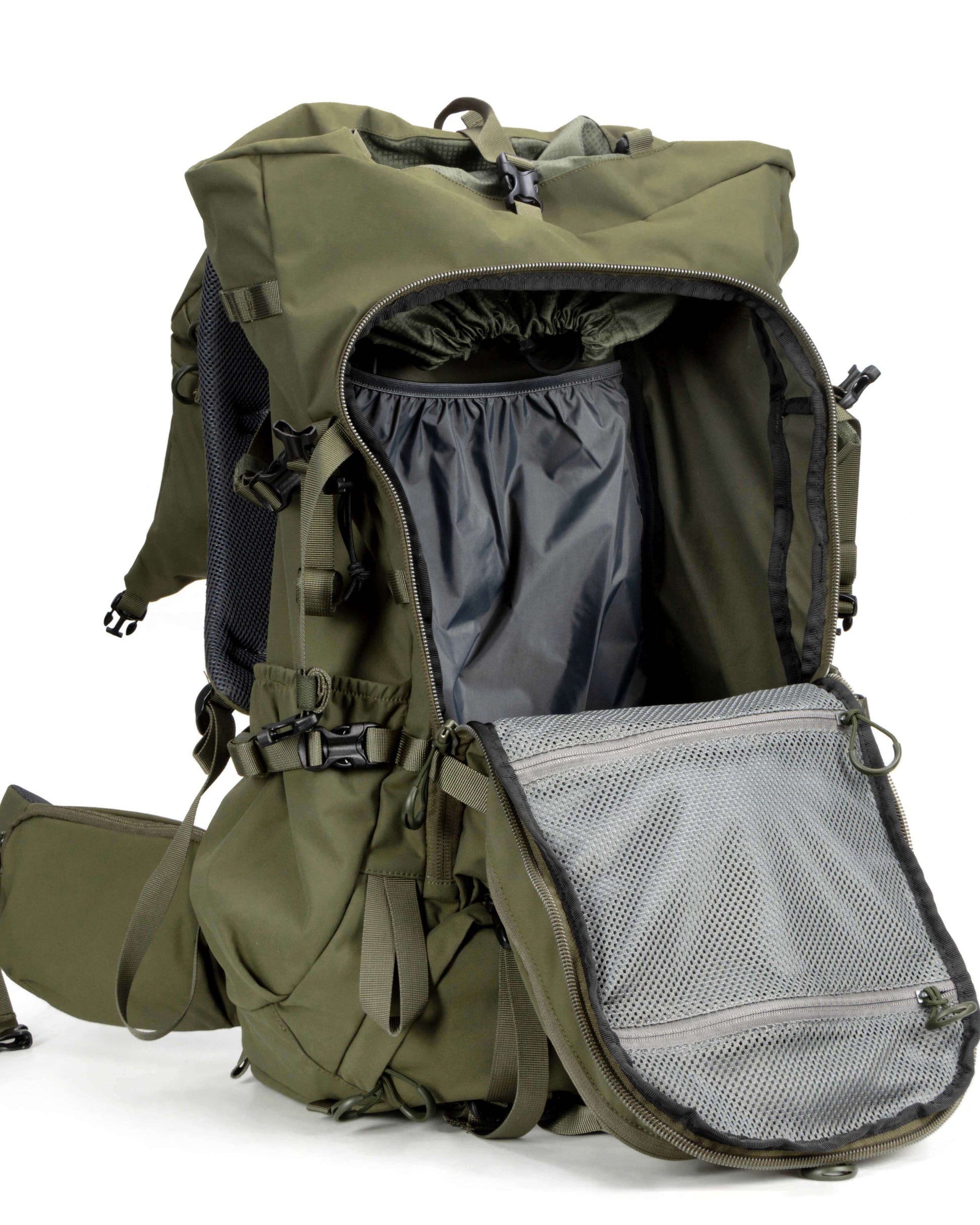 Green backpack with multiple compartments on a white background