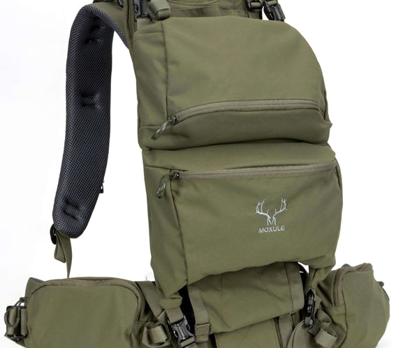 MOXULE Green Multi-functional Hunting Backpack, with ergonomic shoulder straps for comfortable long-term use.