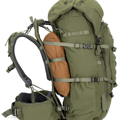 The MOXULE full-frame backpack features a large capacity in green and is suitable for multi-day hunting trips.