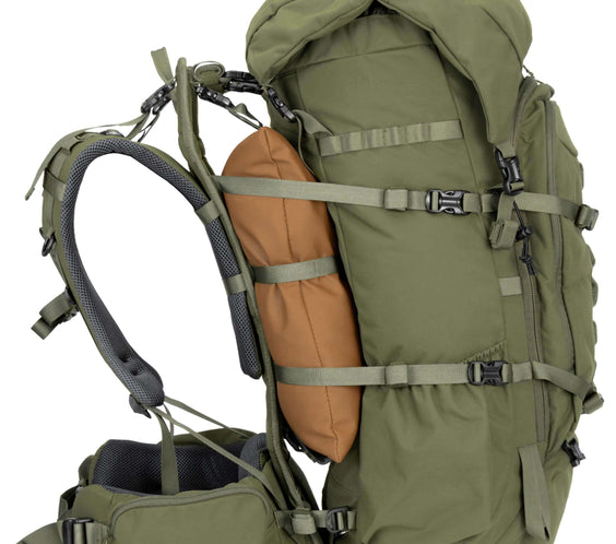 The MOXULE full-frame backpack features a large capacity in green and is suitable for multi-day hunting trips.