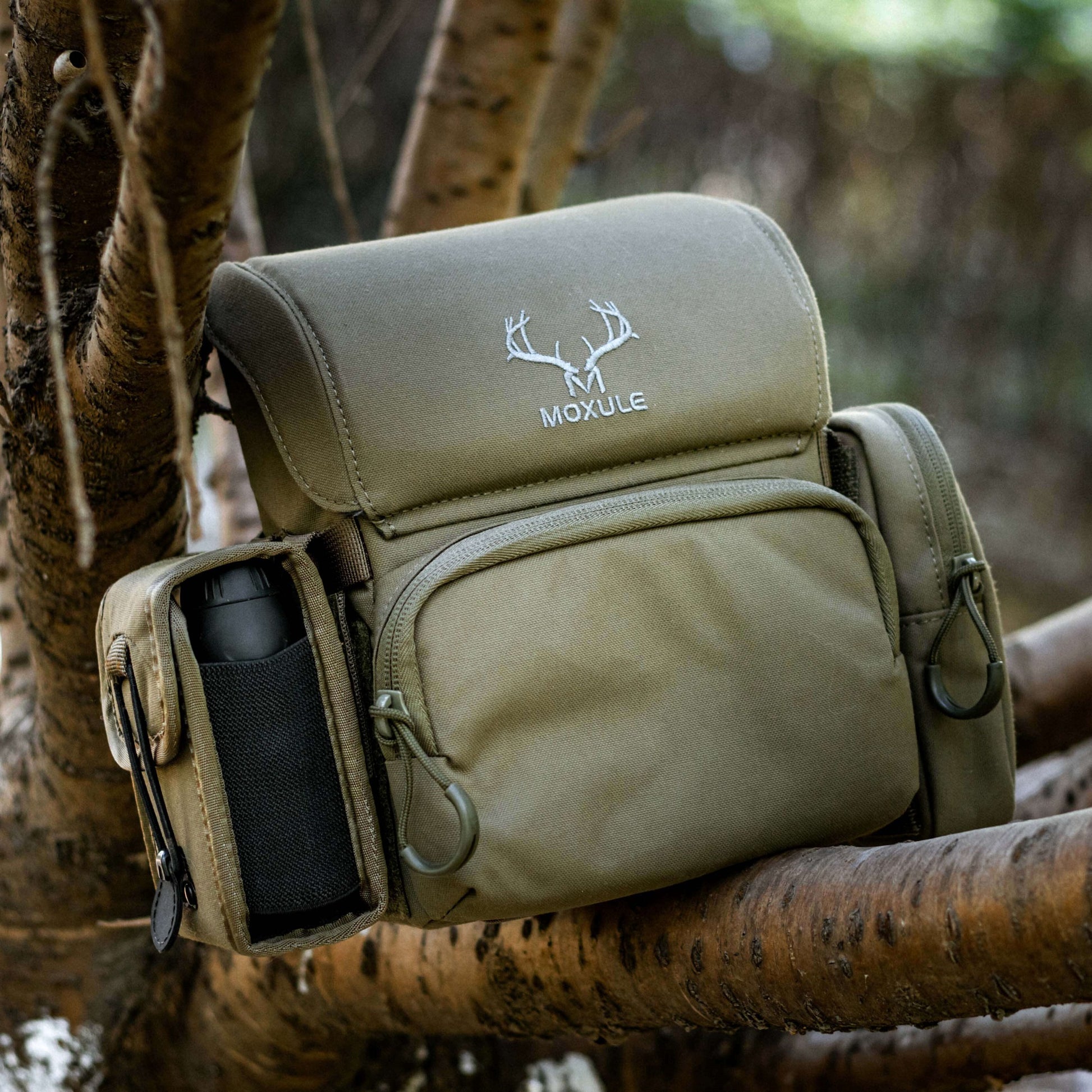 Moxule green Binocular Harness with Accessory Pockets | Hunting Gear Storage