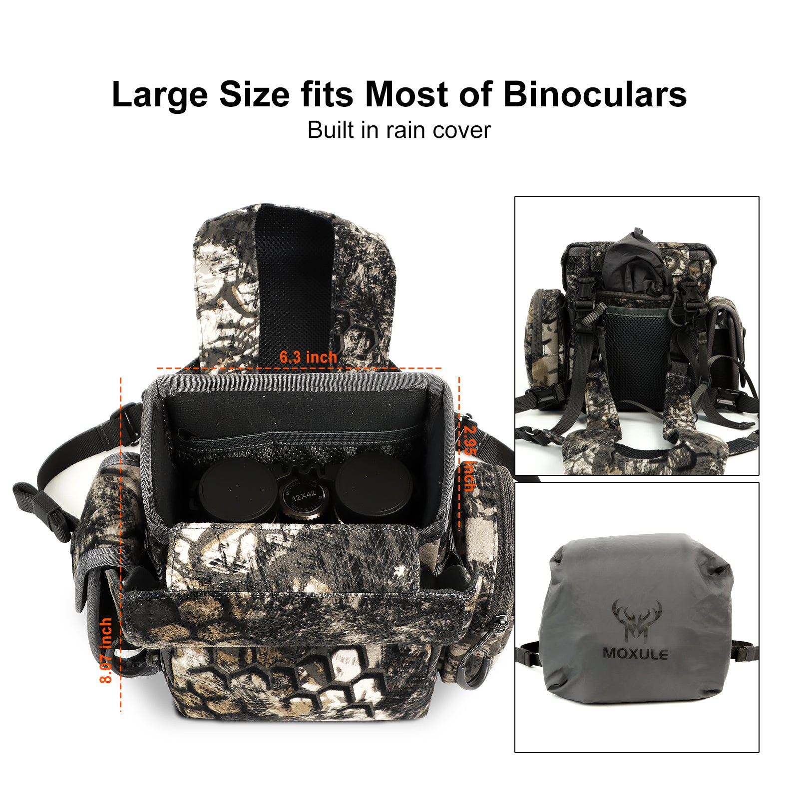 Moxule camouflage binocular harness large size compartment with built-in rain cover, hunting chest pack fits most binoculars.