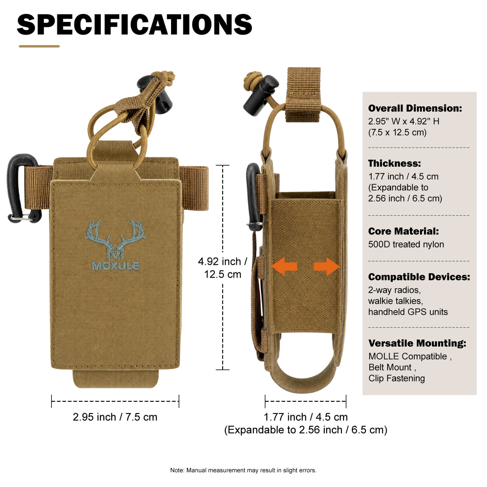 Moxule MOLLE radio pouch size specifications diagram, coyote brown hunting radio holder