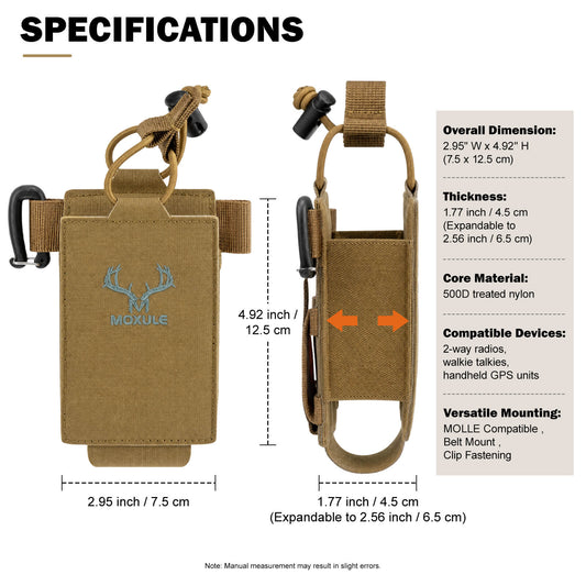 Moxule MOLLE radio pouch size specifications diagram, coyote brown hunting radio holder