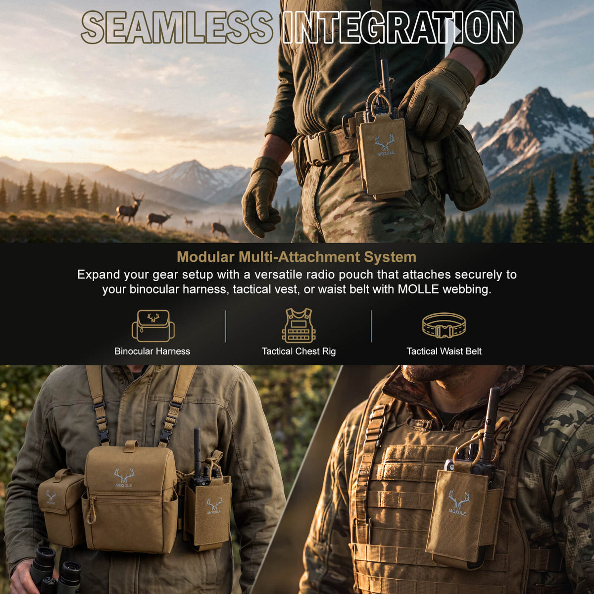 Moxule MOLLE radio pouch modular multi‑attachment system. Securely mount to binocular harness, tactical chest rig or waist belt for all‑day backcountry hunting.