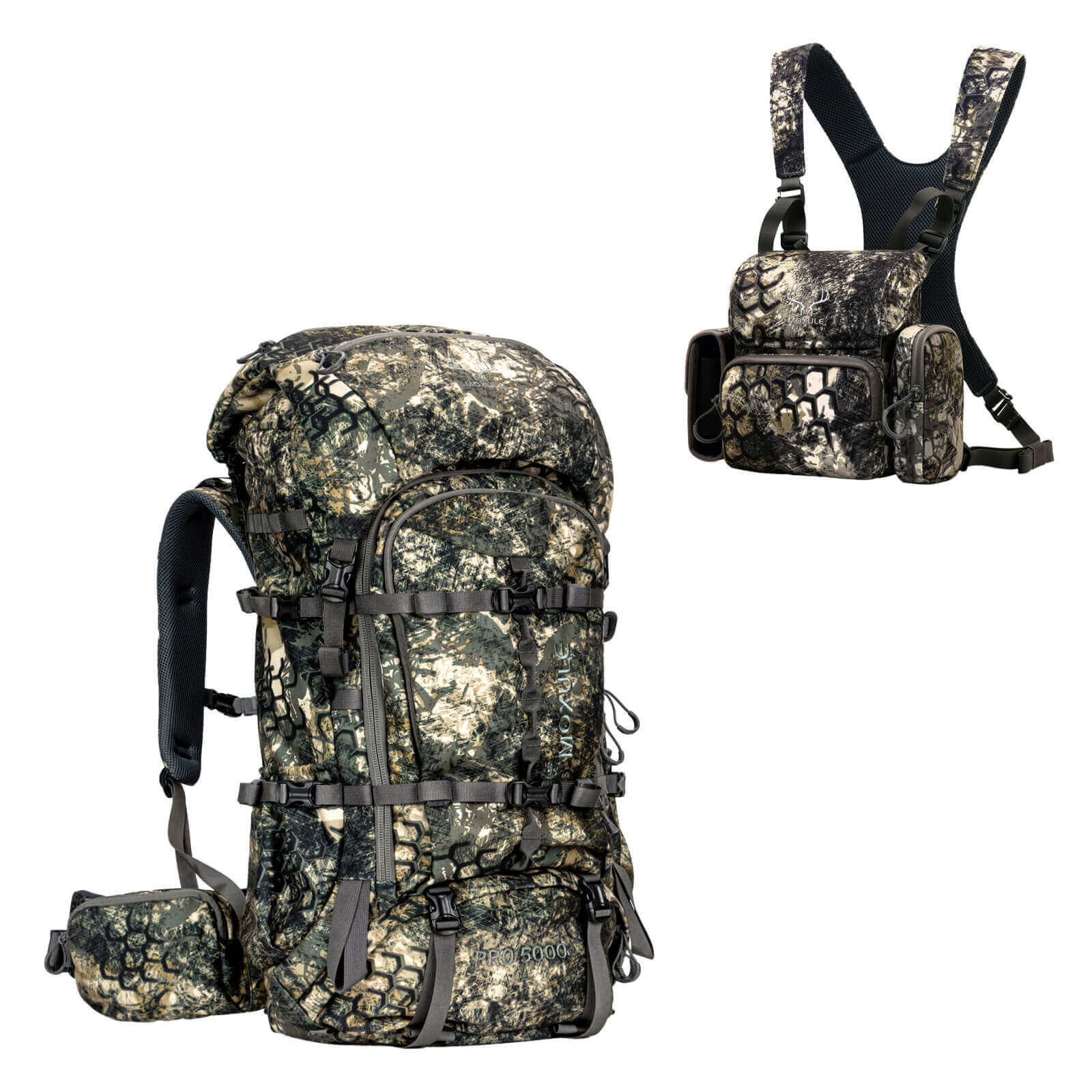 Realtree camo Moxule PRO 5000 hunting backpack with matching camouflage bino harness chest pack for backcountry hunting