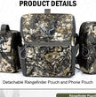 Camo Moxule binocular chest pack detail shot, detachable accessory pouches, YKK zipper, quick‑release buckle