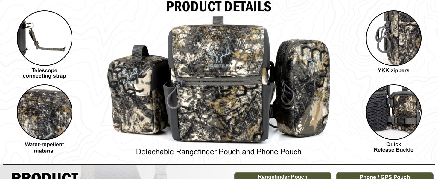 Camo Moxule binocular chest pack detail shot, detachable accessory pouches, YKK zipper, quick‑release buckle