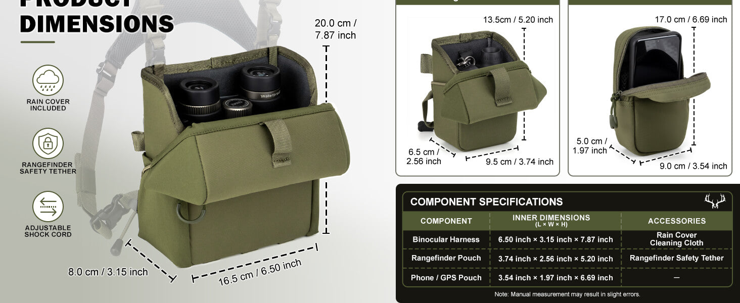 Moxule Bino R3 Pro binocular harness product dimension chart, inner size specs for binocular pouch, rangefinder pouch and phone GPS pouch