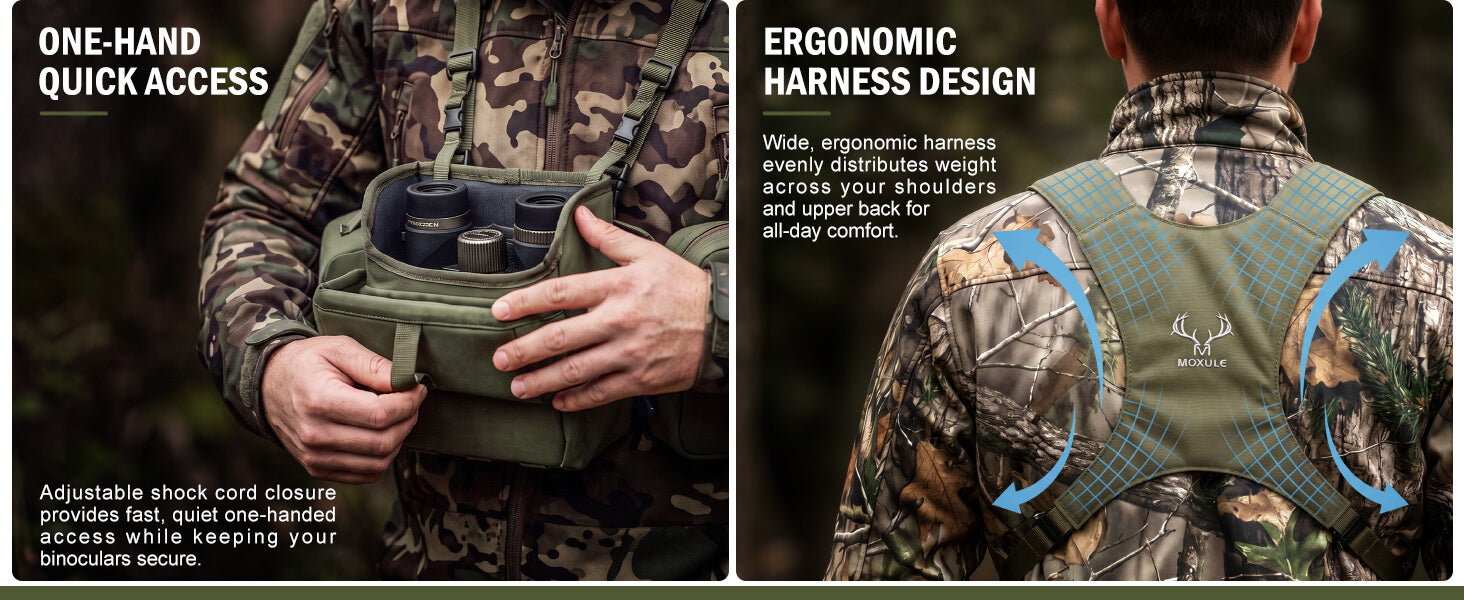 Moxule hunting binocular chest pack, one‑hand fast access, ergonomic weight‑distributed harness
