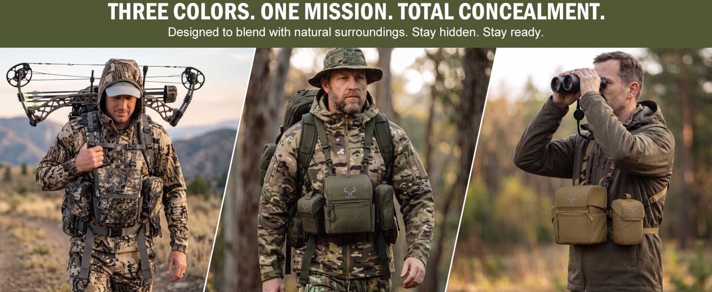 Moxule hunting binocular chest pack three color options, camouflage, olive green, coyote tan for outdoor hunters
