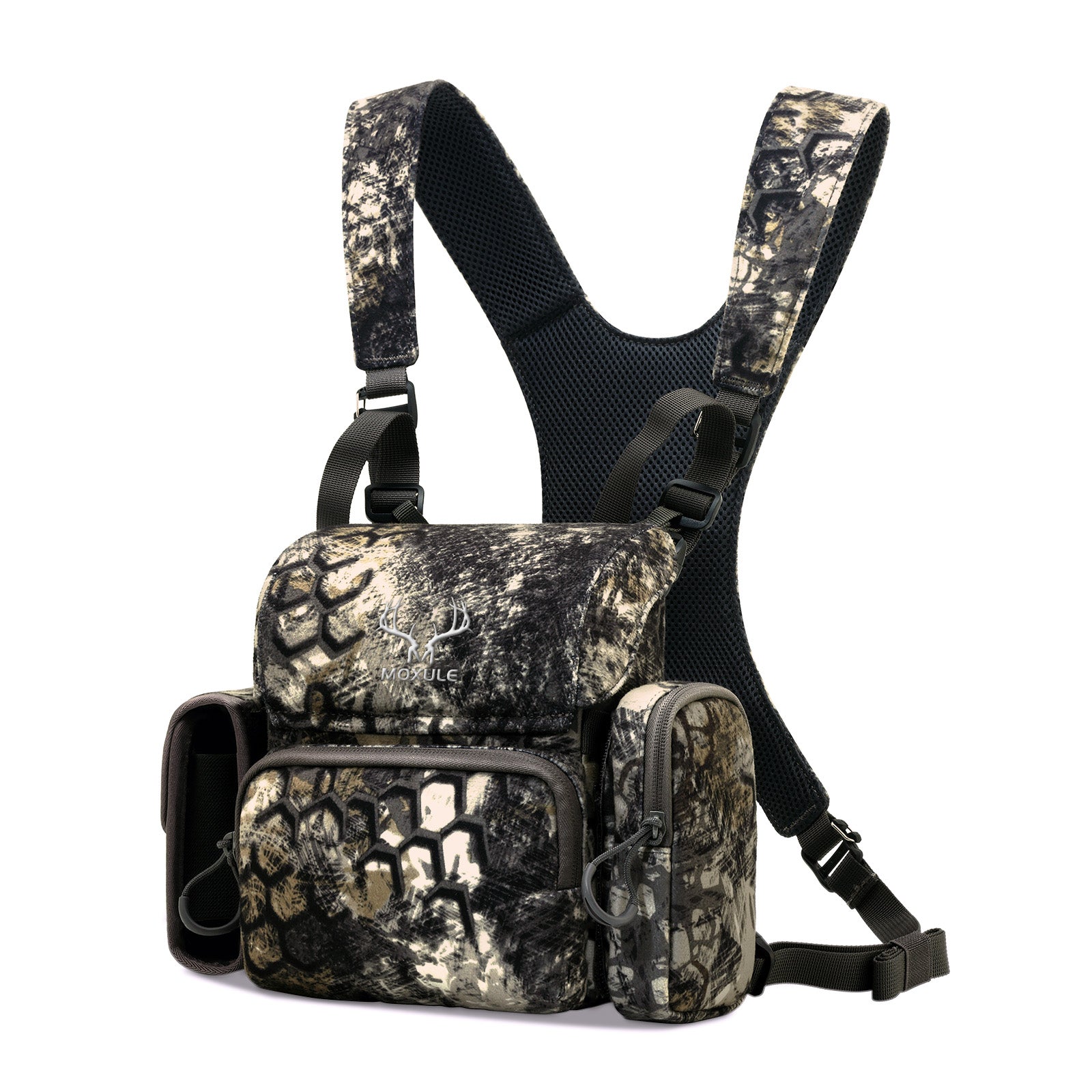 Moxule camo tactical bino harness chest pack for silent hunting and outdoor adventures.