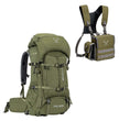 Moxule PRO 3600 Hunting Backpack & Bino Harness in golden autumn forest. Durable, waterproof gear for backcountry deer hunting with quick-access optics storage.
