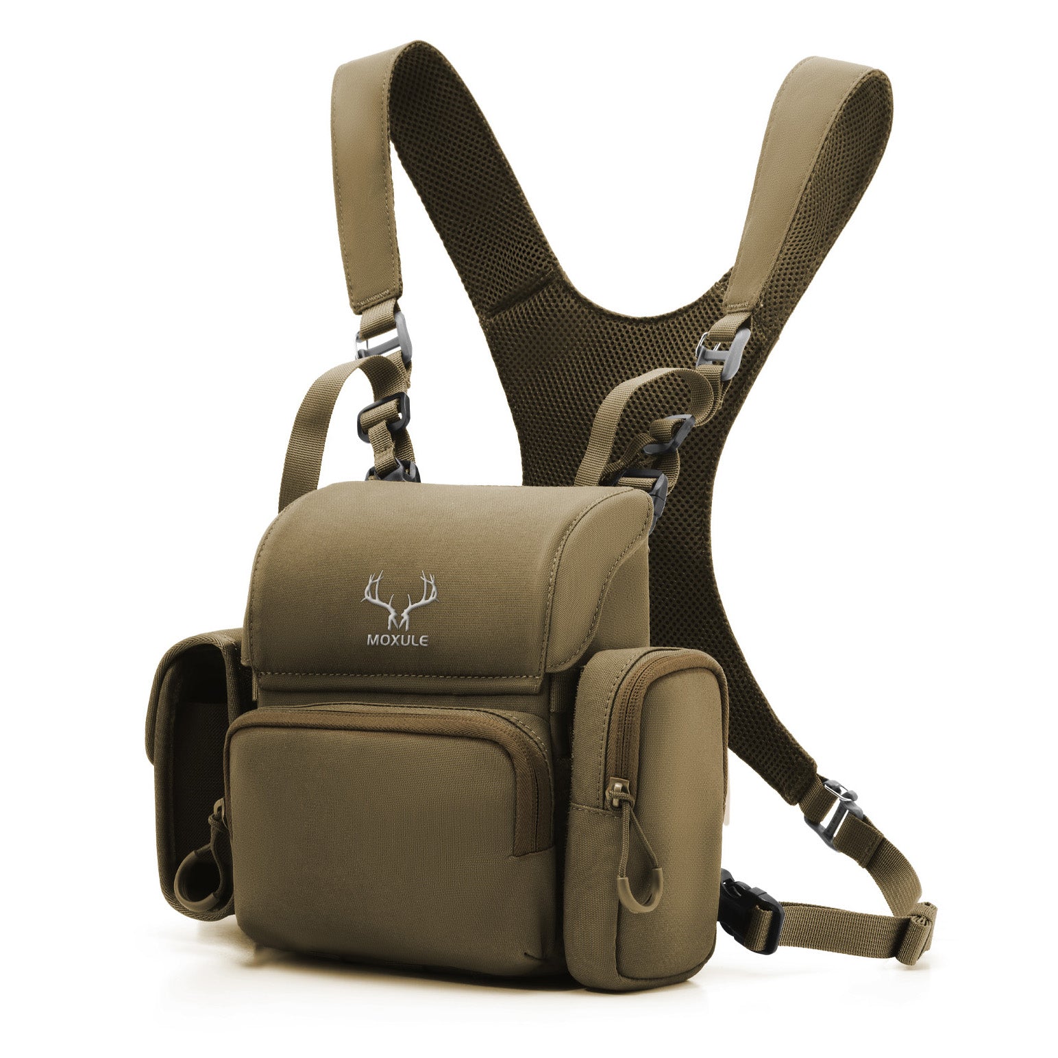 Moxule tan tactical bino harness chest pack for silent hunting and outdoor adventures.