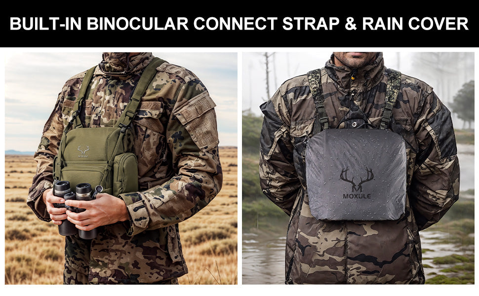 Moxule bino harness with binocular connect strap & rain cover, waterproof hunting chest pack.