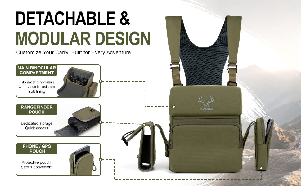 Detachable Modular Moxule Binocular Chest Harness With Separate Rangefinder & Phone Pouches
