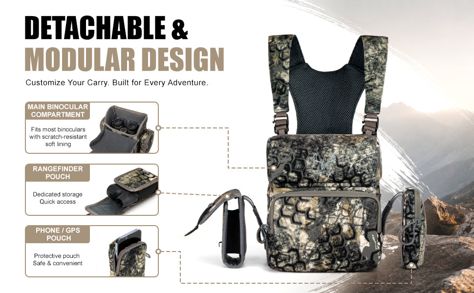 Camouflage Moxule modular detachable chest bino harness diagram, featuring removable rangefinder pouch, phone GPS storage pocket and soft lined main compartment for hunting binoculars