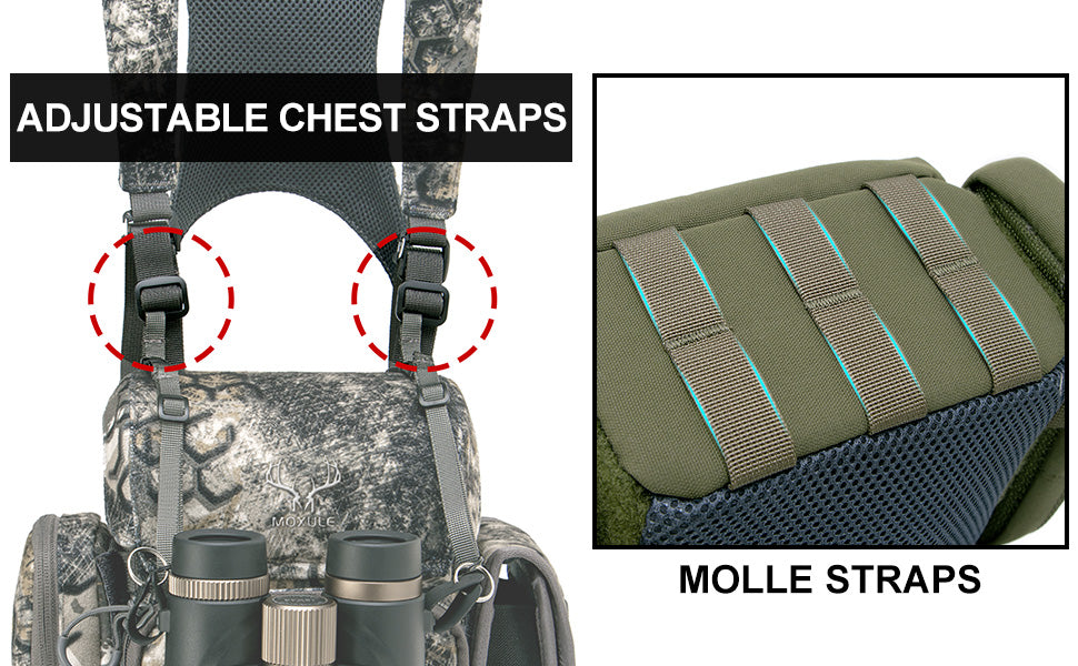 Moxule bino harness with adjustable chest straps and MOLLE straps for tactical hunting gear.