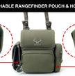 Moxule bino harness with detachable rangefinder pouch and holster for hunting gear.