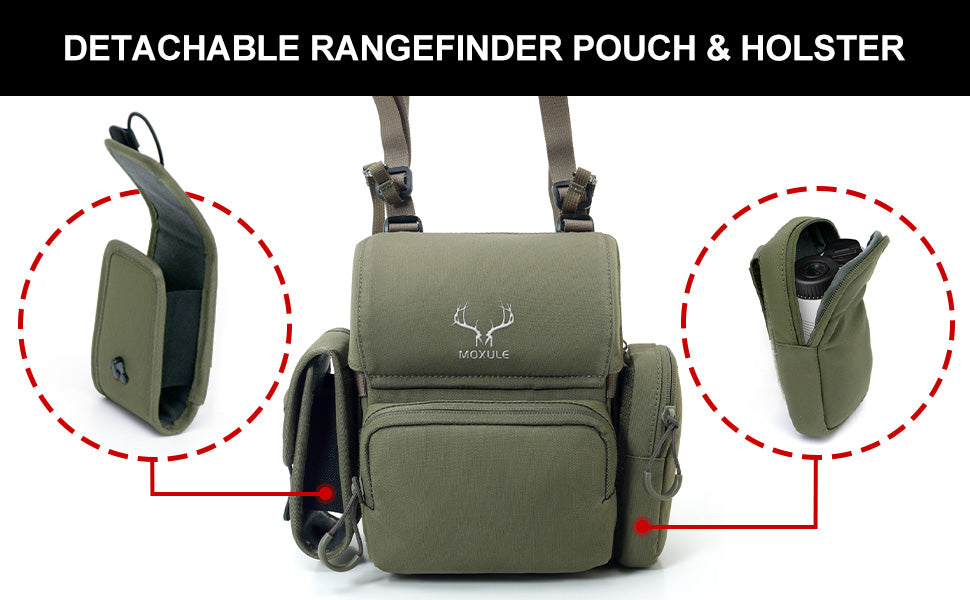 Moxule bino harness with detachable rangefinder pouch and holster for hunting gear.
