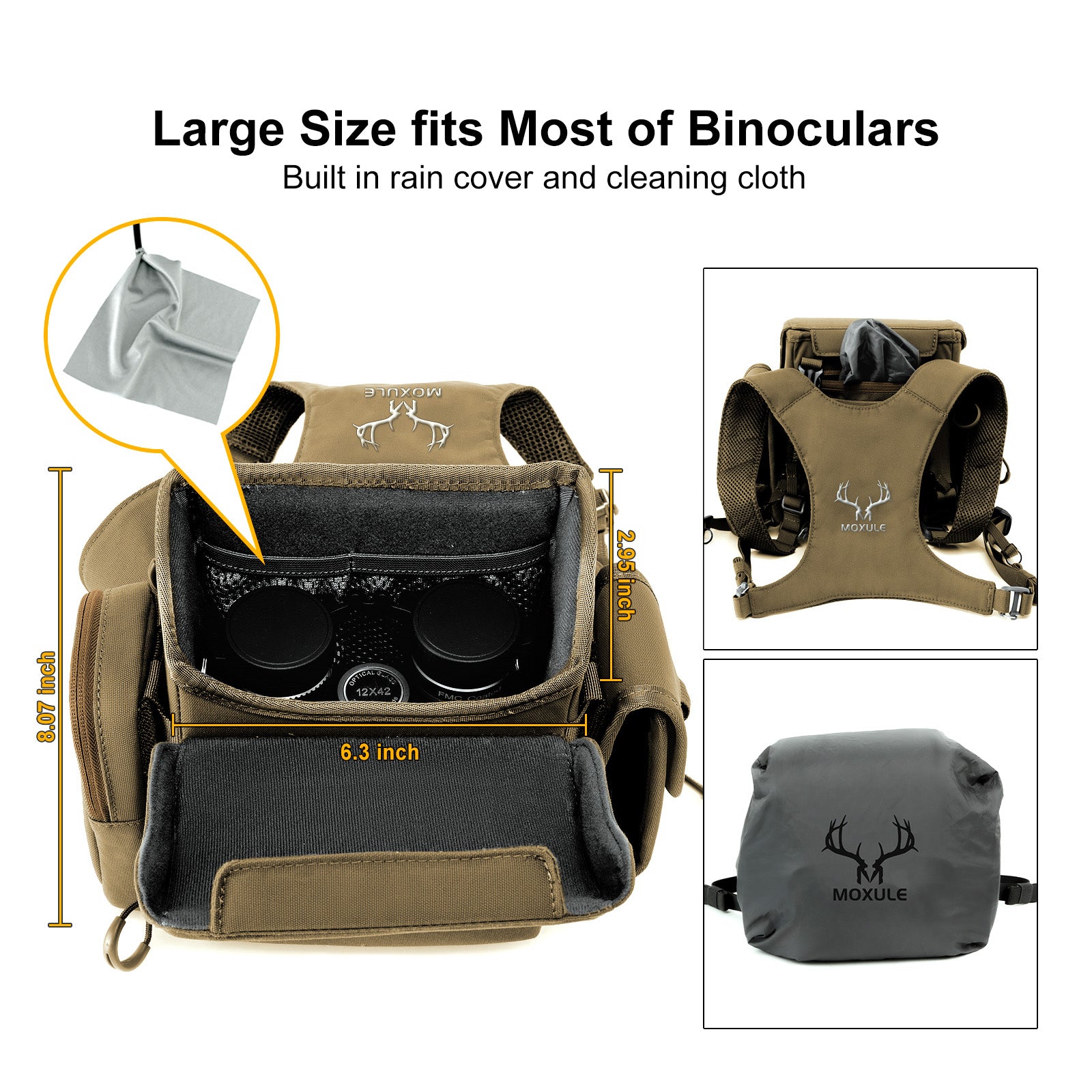 Moxule olive green binocular harness large size compartment with built-in rain cover and cleaning cloth, hunting chest pack fits most binoculars