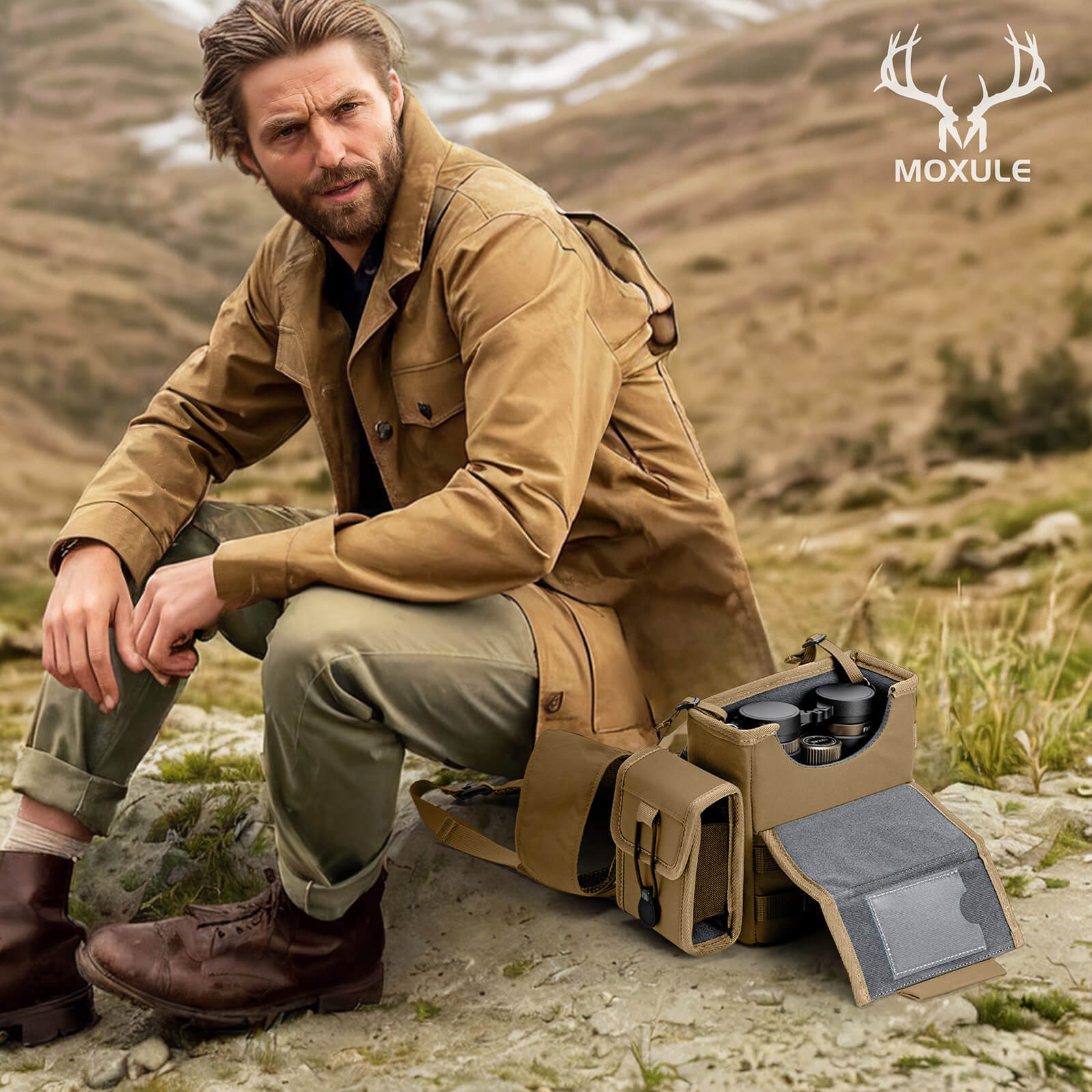 Binocular harness with removable rangefinder pouch in mountain backcountry for hunting and outdoor adventures