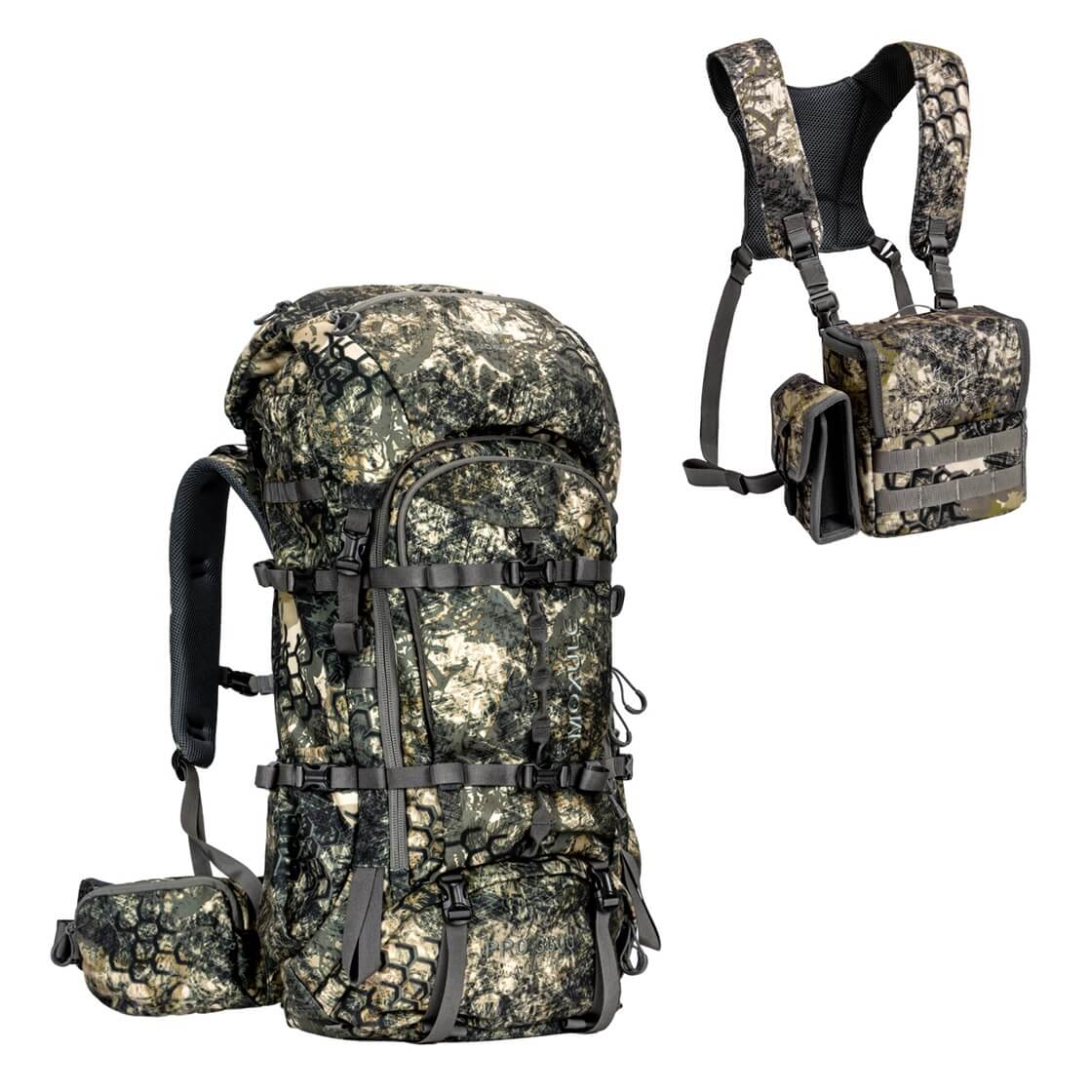 Moxule Camo Hunting Backpack & Bino Harness in autumn forest. Features silent design, waterproof fabric, and quick-access optics pocket for deer hunting.