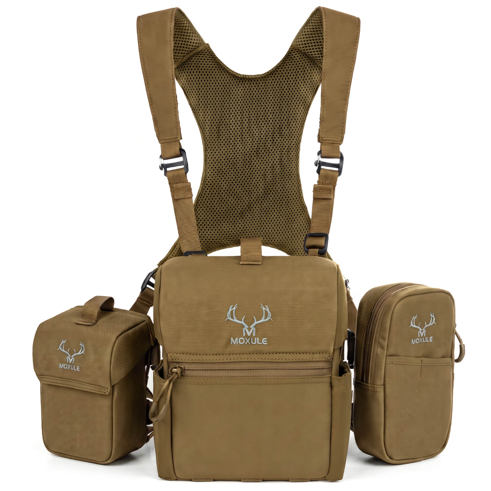 Moxule coyote brown modular binocular chest harness system with detachable rangefinder pouch and phone accessory bag, silent bino harness for backcountry deer and elk hunting