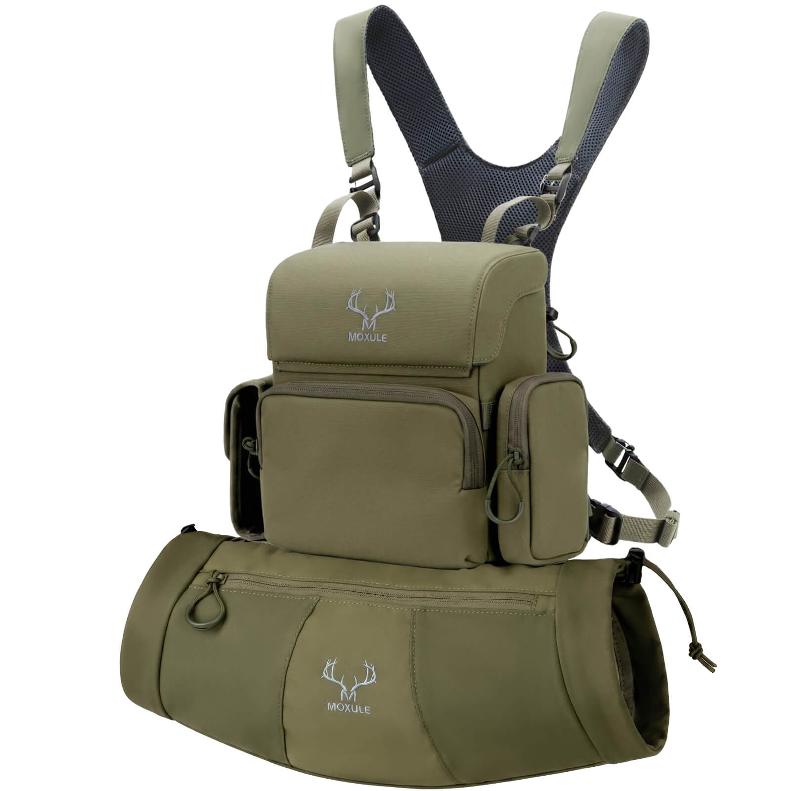 Green BINO R2 Pro binocular harness matching hunting hand warmer bundle, size L fits 10x50 binoculars, quiet cold weather treestand hunting gear set