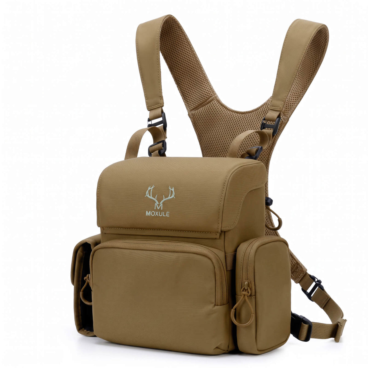 Moxule XL binocular harness, tan silent chest pack for elk and deer hunting, padded mesh shoulder straps, multi storage pockets