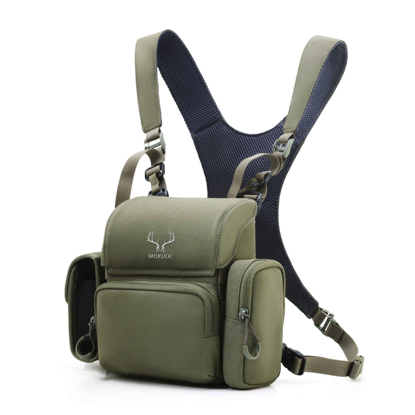 Moxule green tactical bino harness chest pack for silent hunting and outdoor adventures.