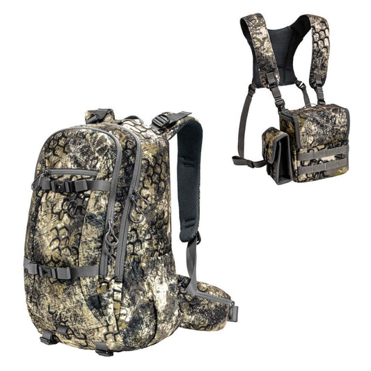 The Moxule Camouflage Hunting Backpack and Binoculars Chest Pouch features a camouflage design and is specifically built for hunting in the wild.