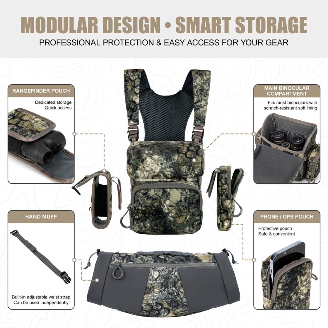 The modular Moxule binocular chest pack features a rangefinder, hand warmer, and GPS pocket, making it ideal for hunting.