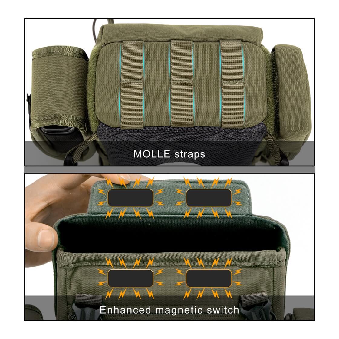 MOXULE Green Tactical Binoculars Strap, MOLLE Webbing and Enhanced Magnetic Switch, with Modular Webbing and Quick-Access Magnetic Buckle.